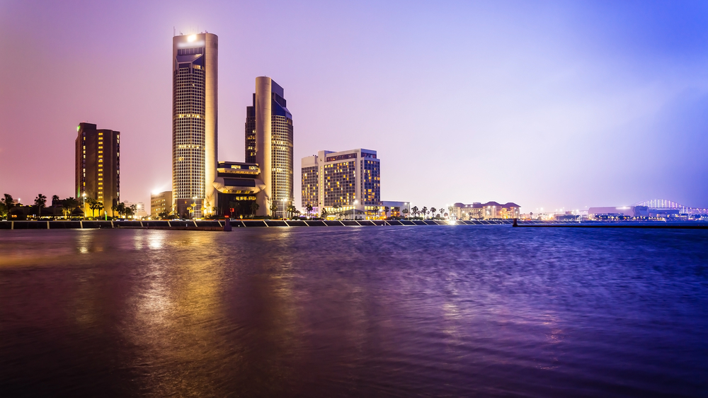 Skyline view of Corpus Christi, Texas waterfront during the nighttime