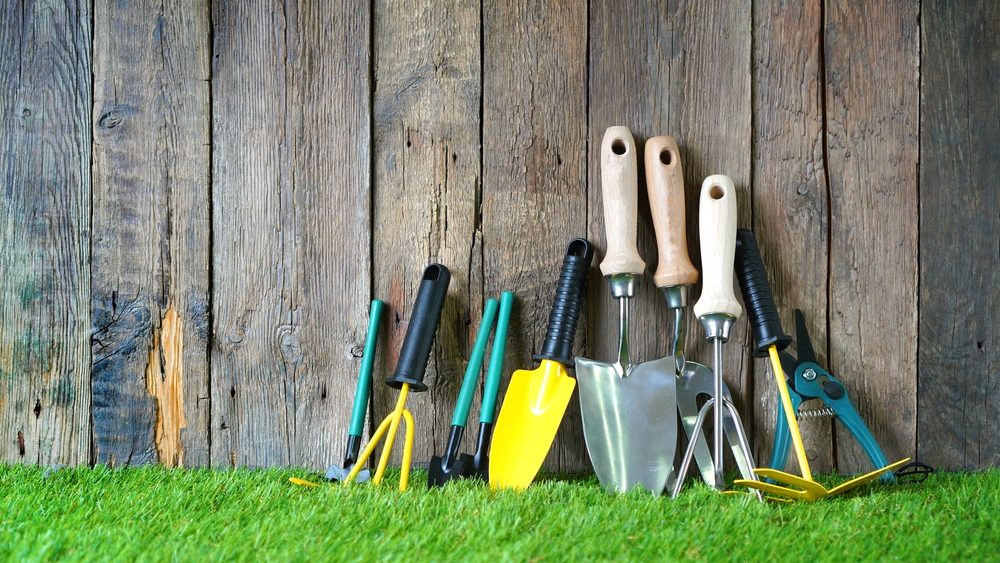 Various garden tools leaning on the fence