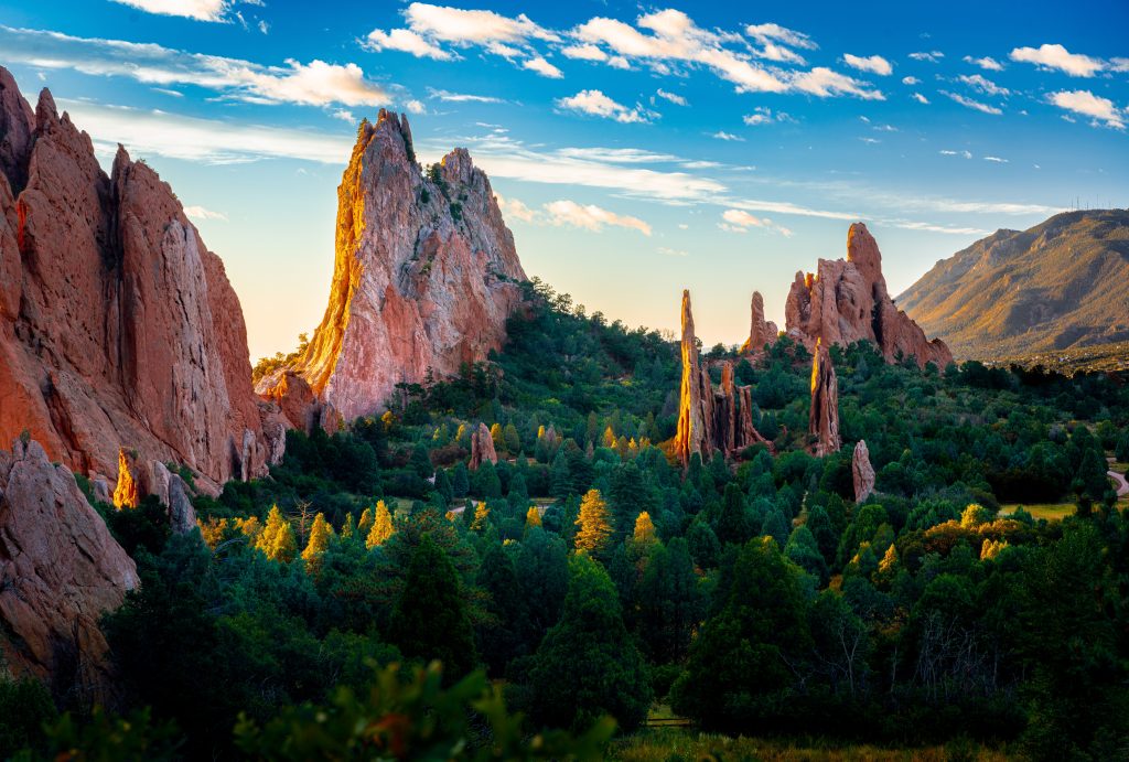 Garden of the Gods in Colorado Springs. Large red rock peaks.