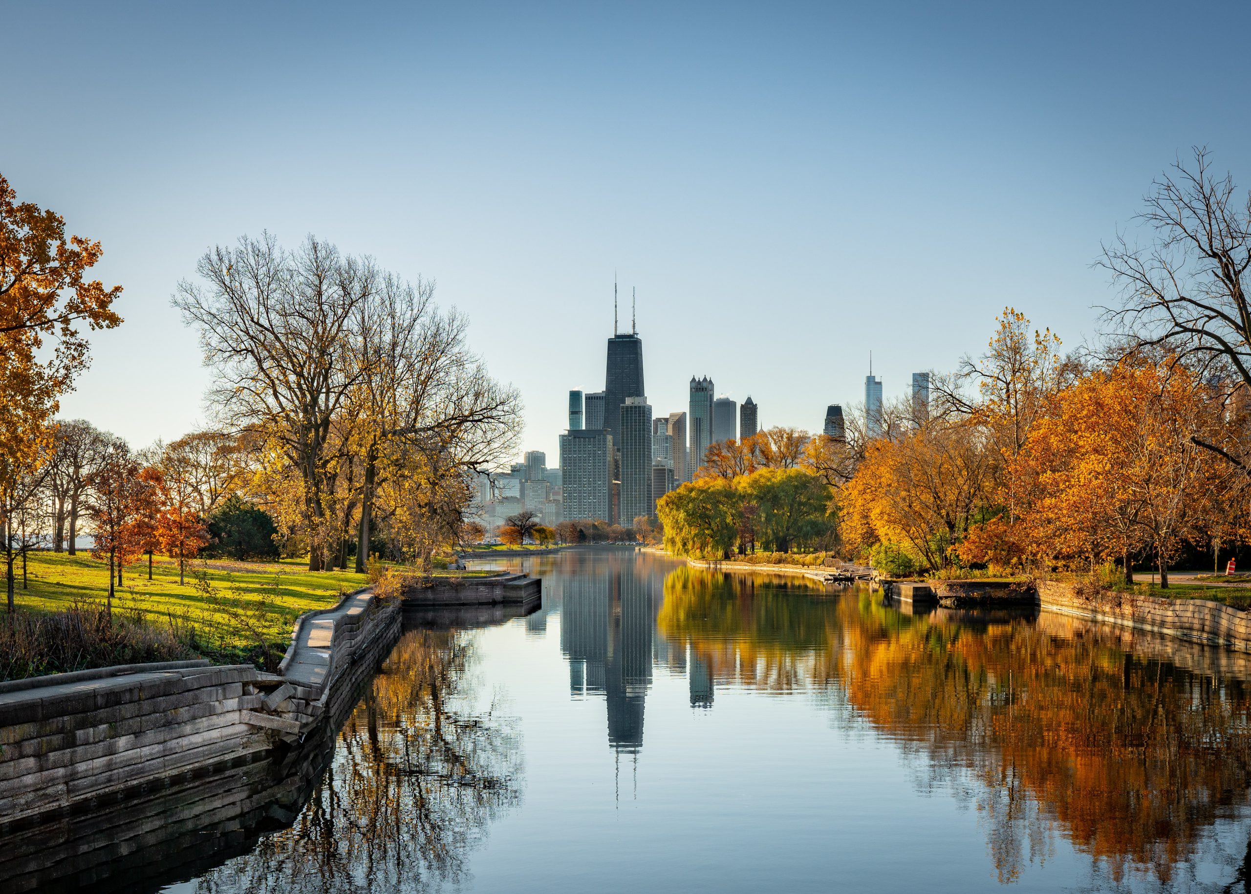 The Chicago skyline in the fall.