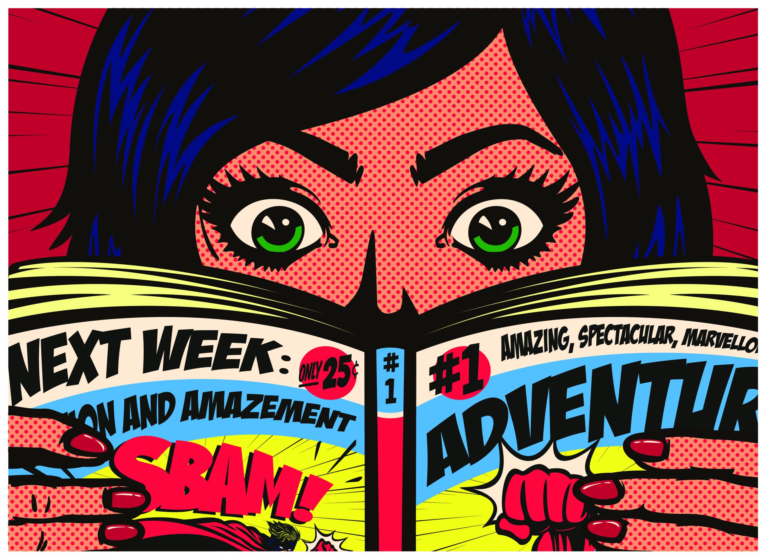 A retro comic book style illustration of a woman reading a comic book and looking shocked.